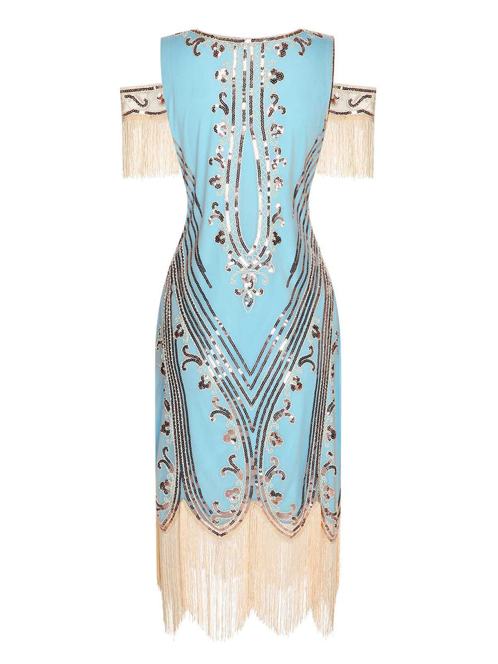 She slips into this 1920s Cold Shoulder Embroidered Fringe Sequins Dress and suddenly it&