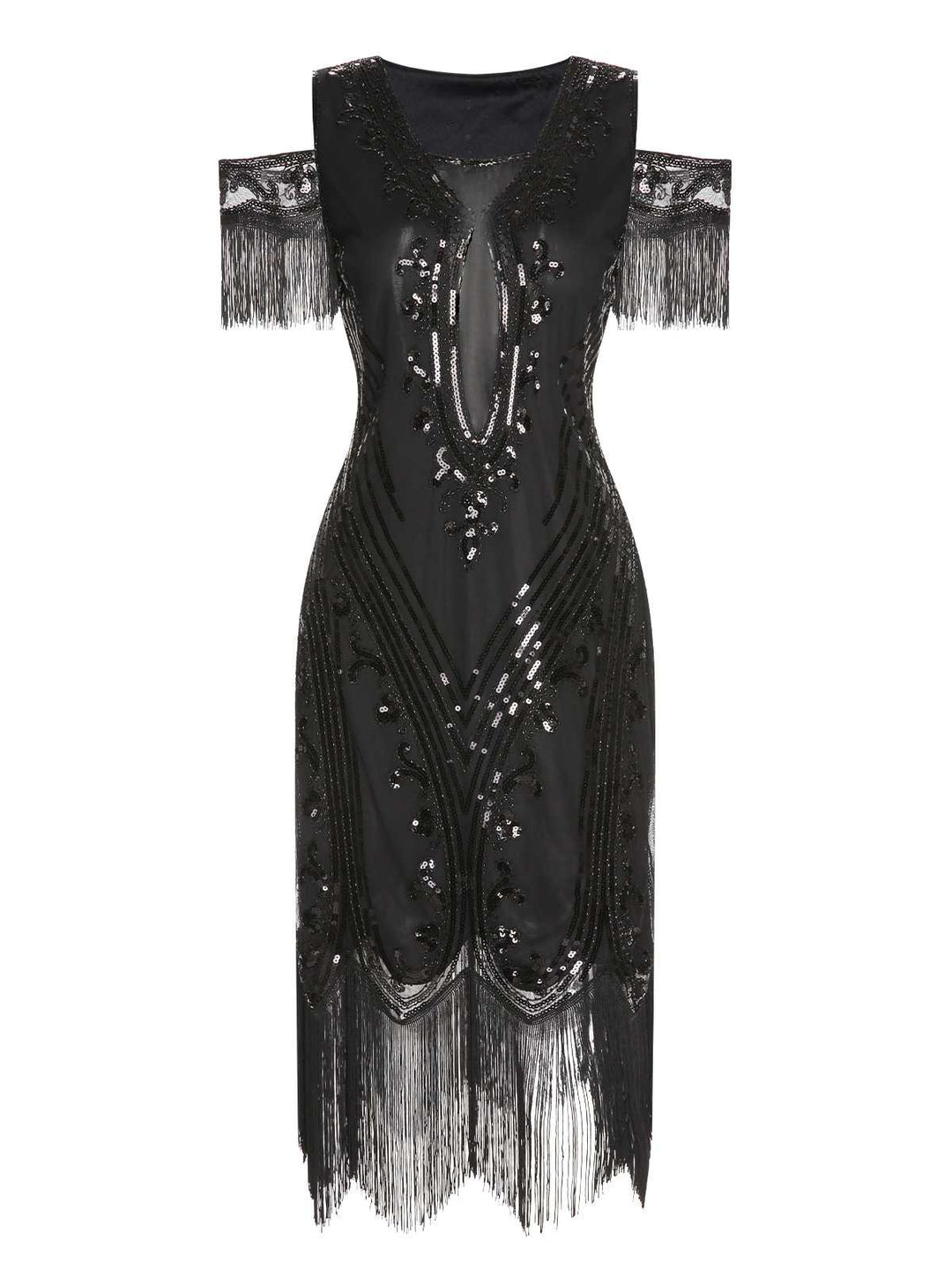 She slips into this 1920s Cold Shoulder Embroidered Fringe Sequins Dress and suddenly it&
