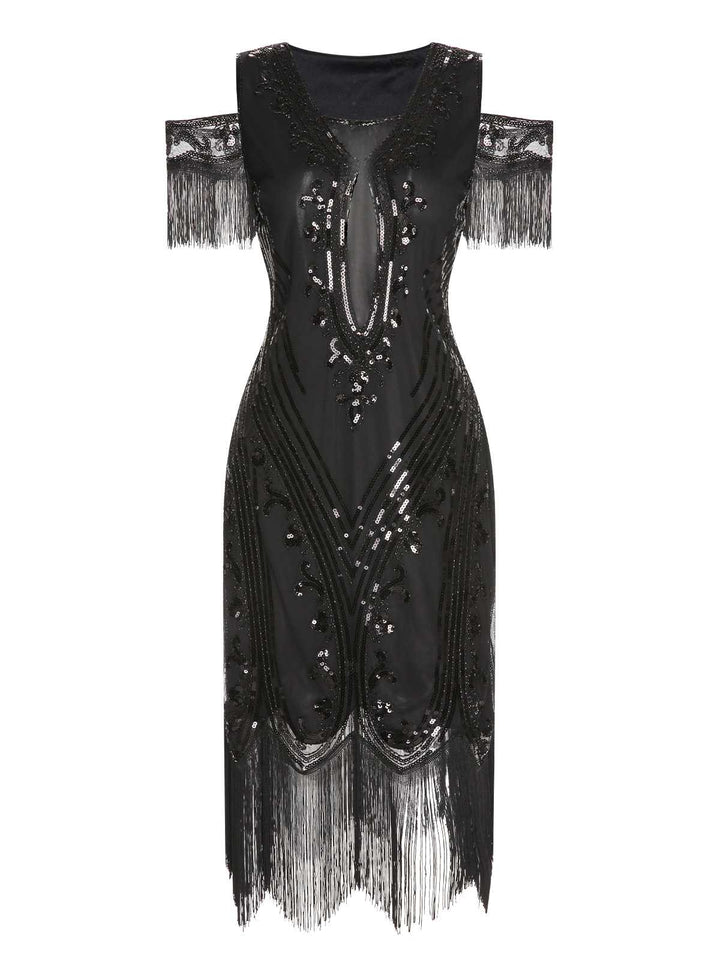 She slips into this 1920s Cold Shoulder Embroidered Fringe Sequins Dress and suddenly it&
