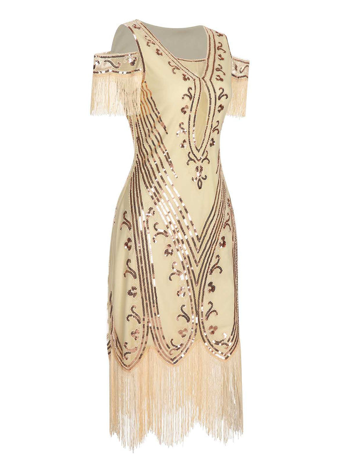 She slips into this 1920s Cold Shoulder Embroidered Fringe Sequins Dress and suddenly it&