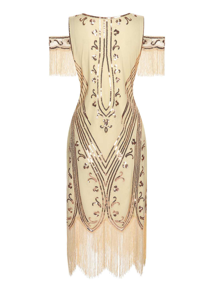 1920s Cold Shoulder Embroidered Fringe Sequins Dress: where 1920s romance meets her modern spirit