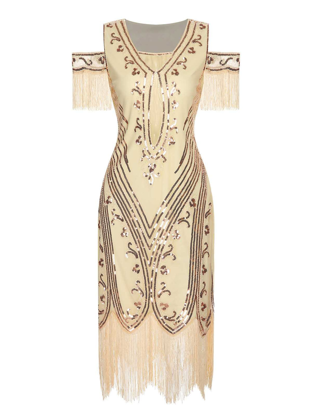 She slips into this 1920s Cold Shoulder Embroidered Fringe Sequins Dress and suddenly it&