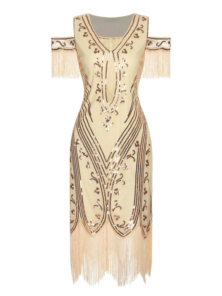 She slips into this 1920s Cold Shoulder Embroidered Fringe Sequins Dress and suddenly it&