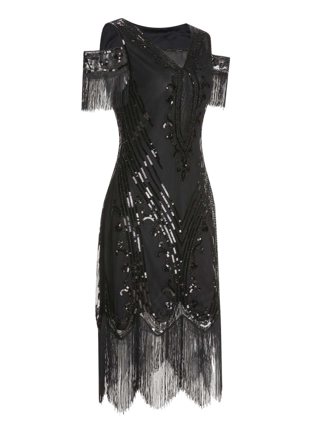 She slips into this 1920s Cold Shoulder Embroidered Fringe Sequins Dress and suddenly it&