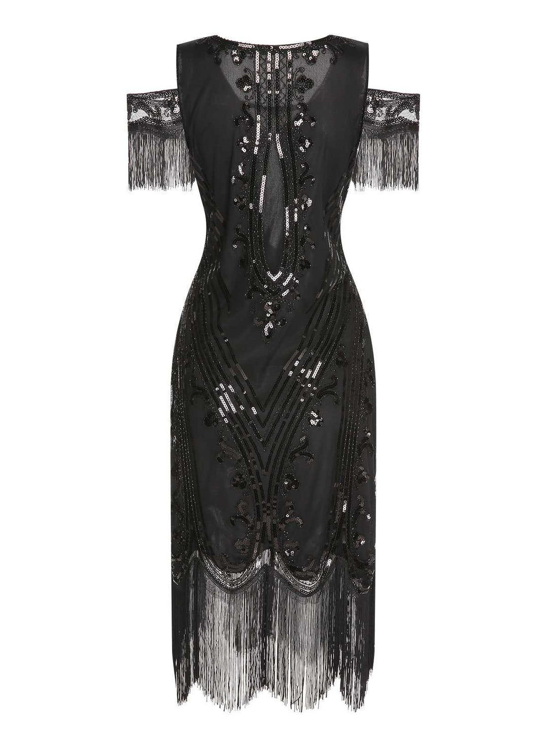 1920s Cold Shoulder Embroidered Fringe Sequins Dress: where 1920s romance meets her modern spirit