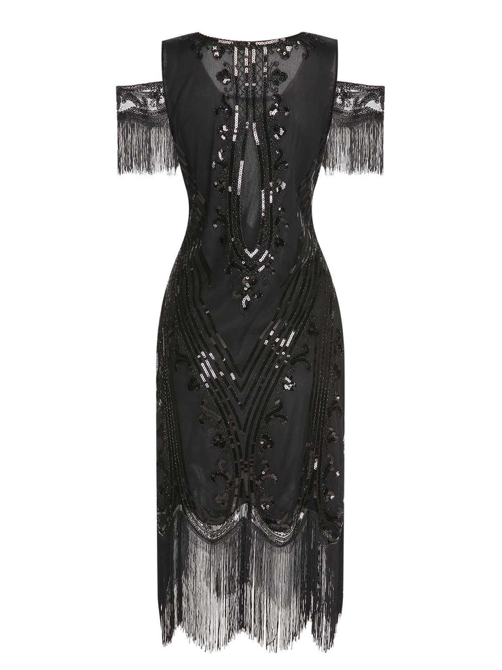 1920s Cold Shoulder Embroidered Fringe Sequins Dress: where 1920s romance meets her modern spirit