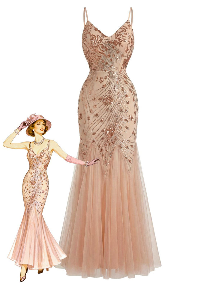 Beige 1920s Sequin Mesh Backless Mermaid Evening Dress - vintage dress, retro fashion, Gatsby party
