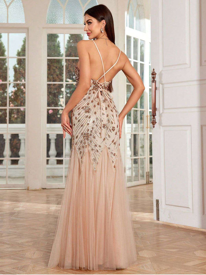 Beige 1920s Sequin Mesh Backless Mermaid Evening Dress - vintage dress, retro fashion, Gatsby party