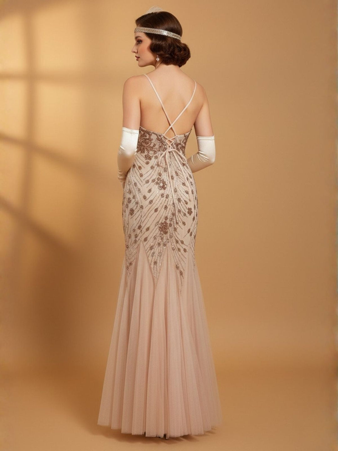Beige 1920s Sequin Mesh Backless Mermaid Evening Dress - vintage dress, retro fashion, Gatsby party