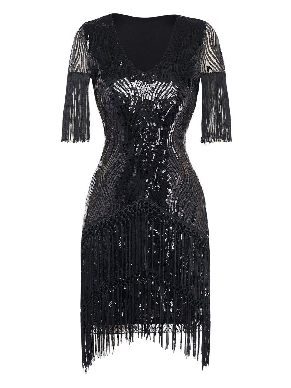Black 1920s Flapper Tassel Fringe Great Gatsby Sequin Dress - vintage dress, retro fashion, Gatsby party