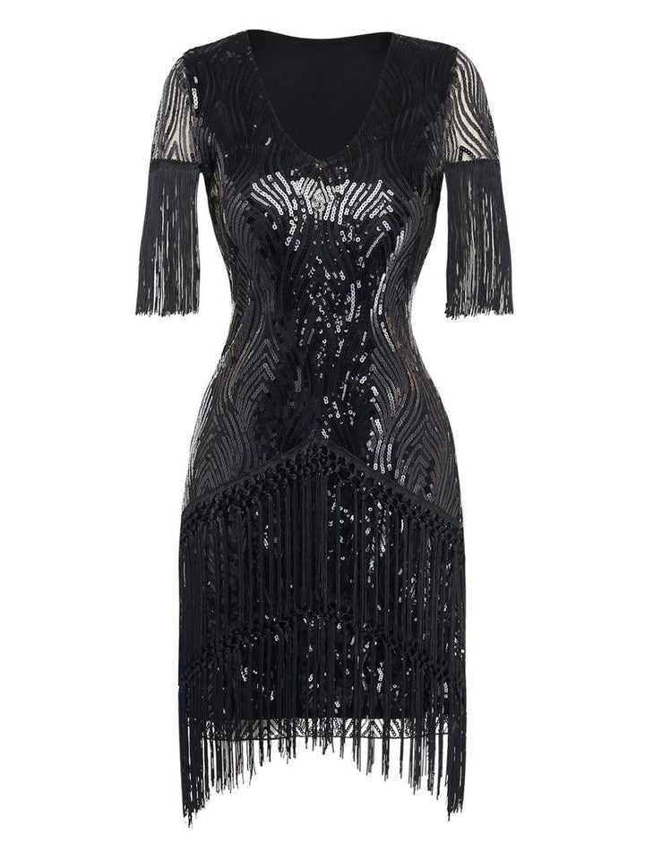 Black 1920s Flapper Tassel Fringe Great Gatsby Sequin Dress - vintage dress, retro fashion, Gatsby party