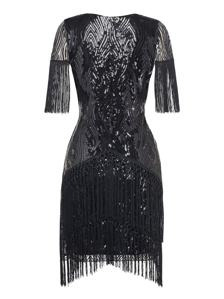 Black 1920s Flapper Tassel Fringe Great Gatsby Sequin Dress - vintage dress, retro fashion, Gatsby party