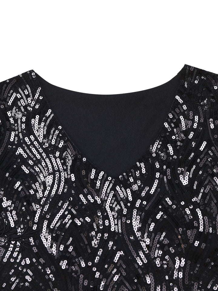 Black 1920s Flapper Tassel Fringe Great Gatsby Sequin Dress - vintage dress, retro fashion, Gatsby party