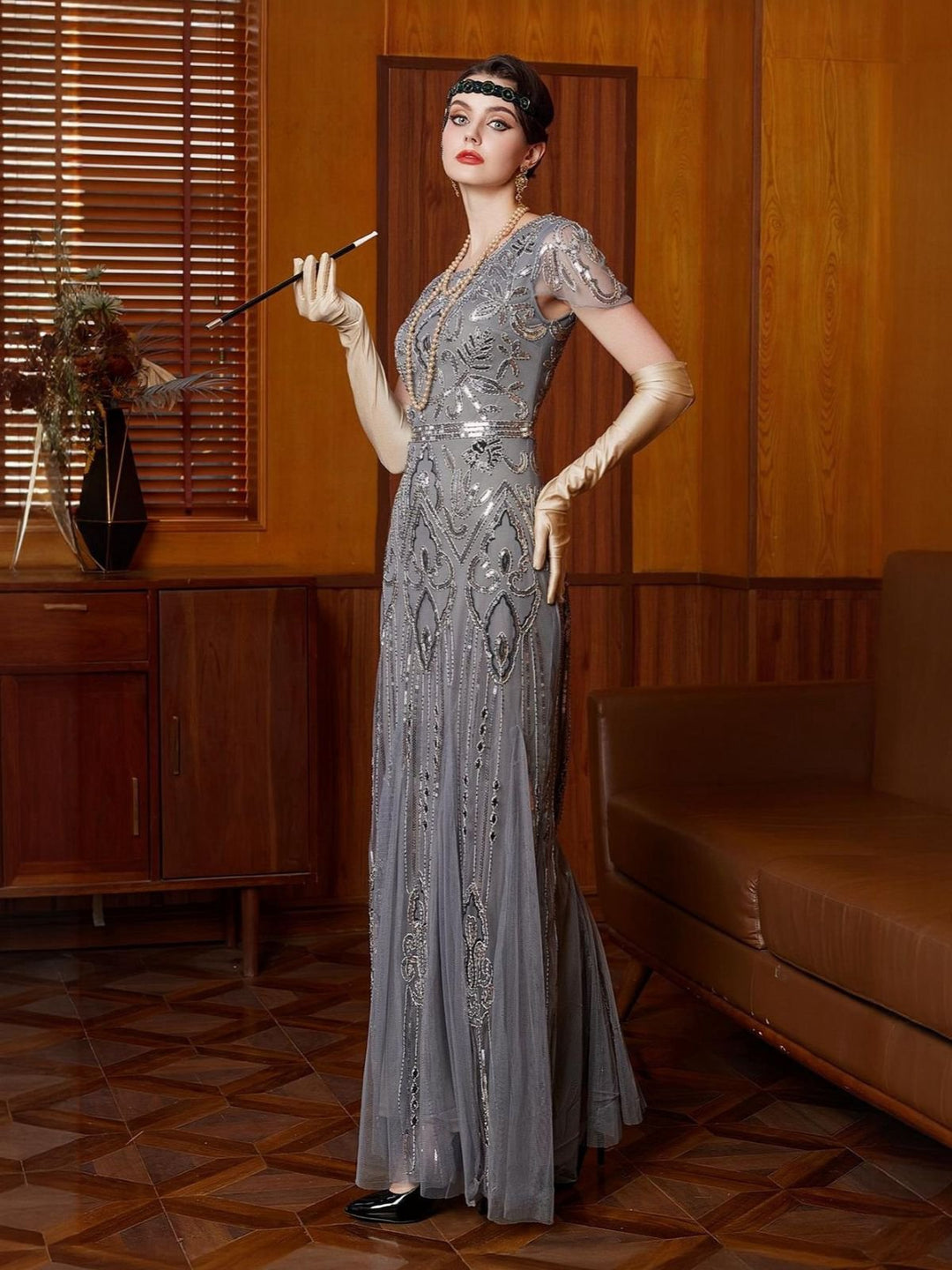 Gray 1920s Sequined Tulle Cap Sleeve Round Neck Dress - vintage dress, retro fashion, Gatsby party