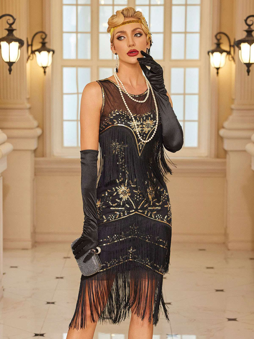 1920s Floral Pattern Mesh Sequined Tassel Dress — the kind of 1920s dress that makes strangers smile
