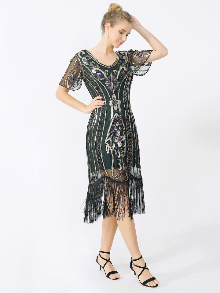 She slips into this 1920s Fringe Sequin Flapper Dress and suddenly it&