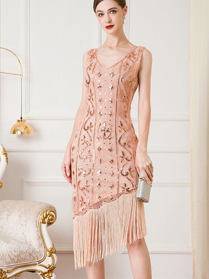 She slips into this 1920s Gatsby Sequins Tassel Oblique Hem Dress and suddenly it&