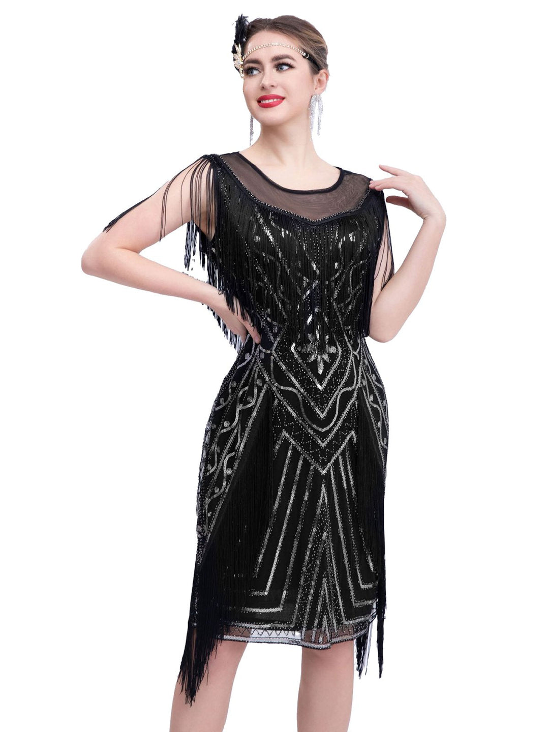 She slips into this 1920s Gatsby Sheer Neck Tassel Sequins Dress and suddenly it&