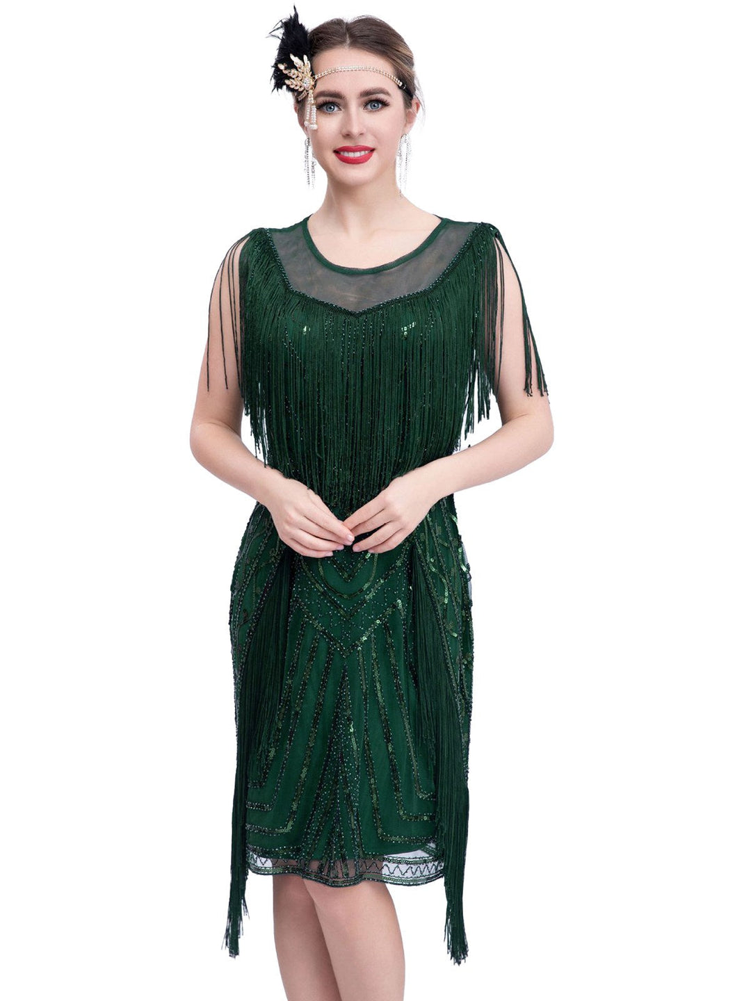 She slips into this 1920s Gatsby Sheer Neck Tassel Sequins Dress and suddenly it&