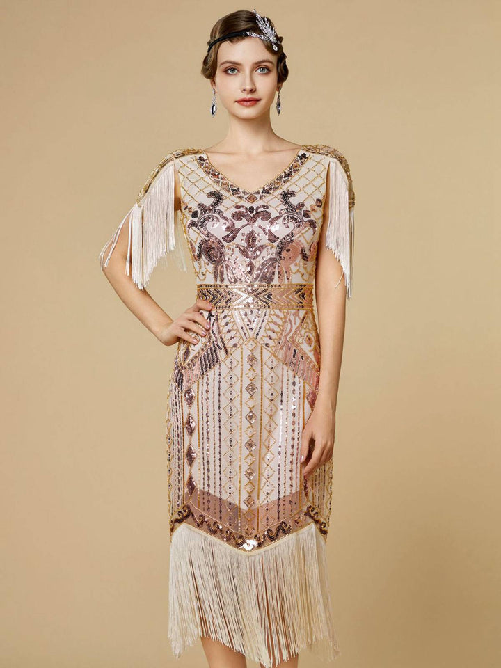 1920s Sequin Fringe Flapper V-Neck Dress - vintage dress, retro fashion, Gatsby party