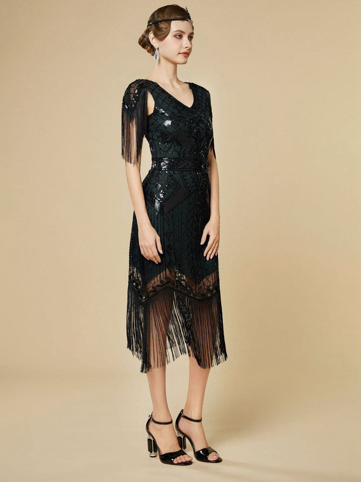 1920s Sequin Fringe Flapper V-Neck Dress - vintage dress, retro fashion, Gatsby party