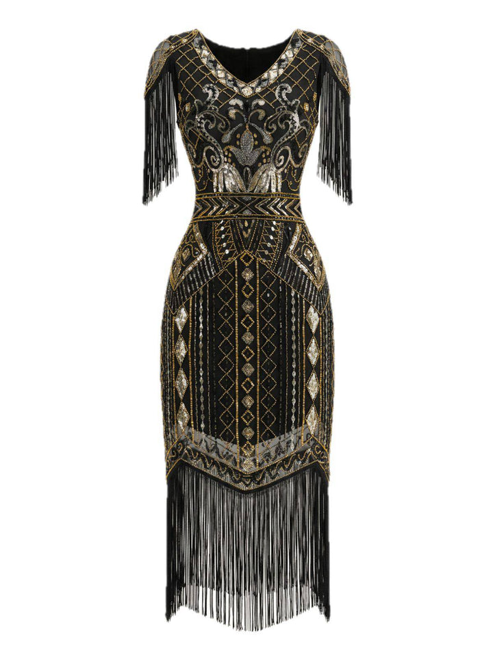 1920s Sequin Fringe Flapper V-Neck Dress - vintage dress, retro fashion, Gatsby party