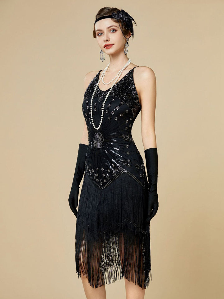 1920s Sequin Fringe Spaghetti Strap Flapper Dress - vintage dress, retro fashion, Gatsby party