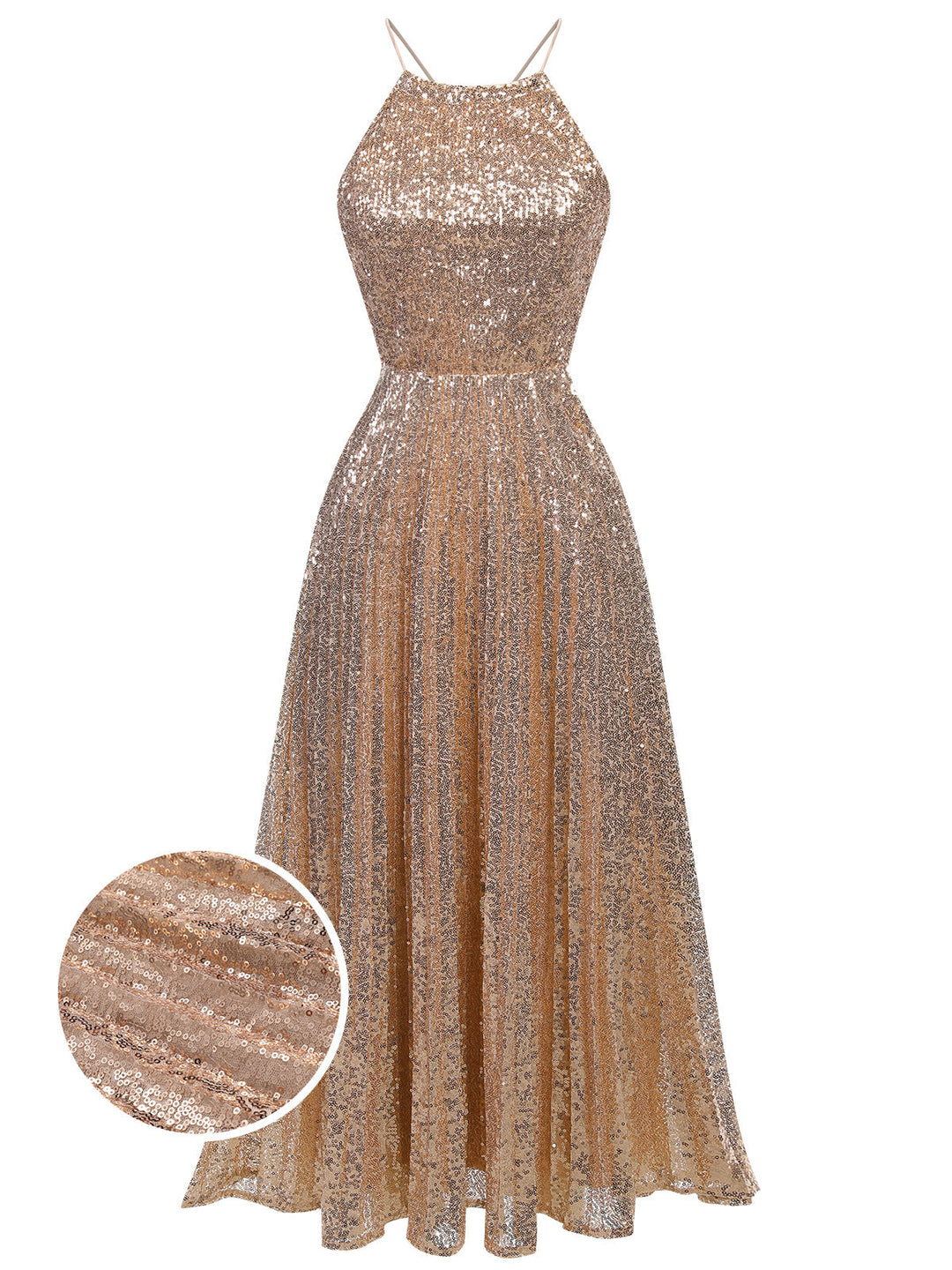 She slips into this 1920s Sequined Backless Halter Dress and suddenly it&