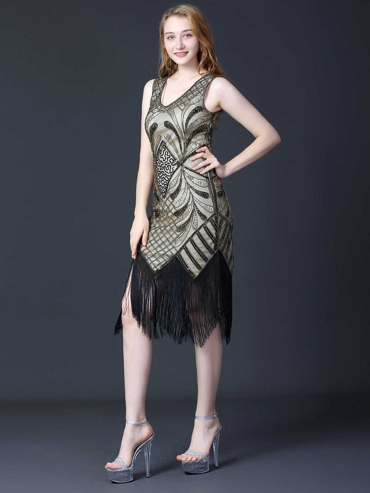 She slips into this 1920s Sequined Fringe Flapper Sleeveless Dress and suddenly it&