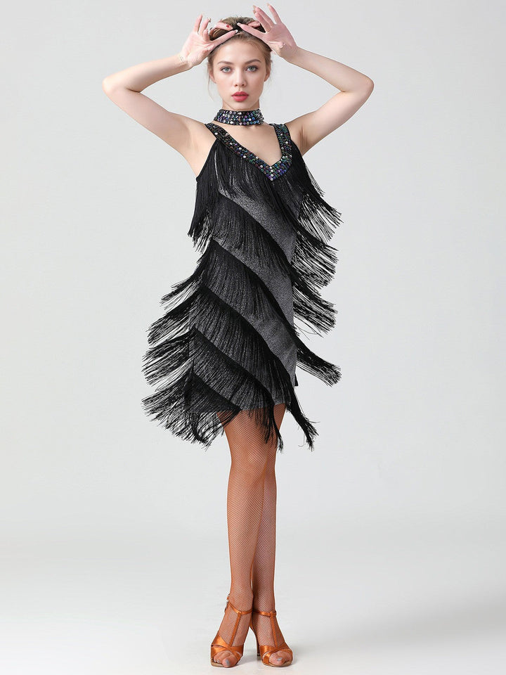 1920s Sequined Sleeveless Fringed Hem Dress: where 1920s romance meets her modern spirit