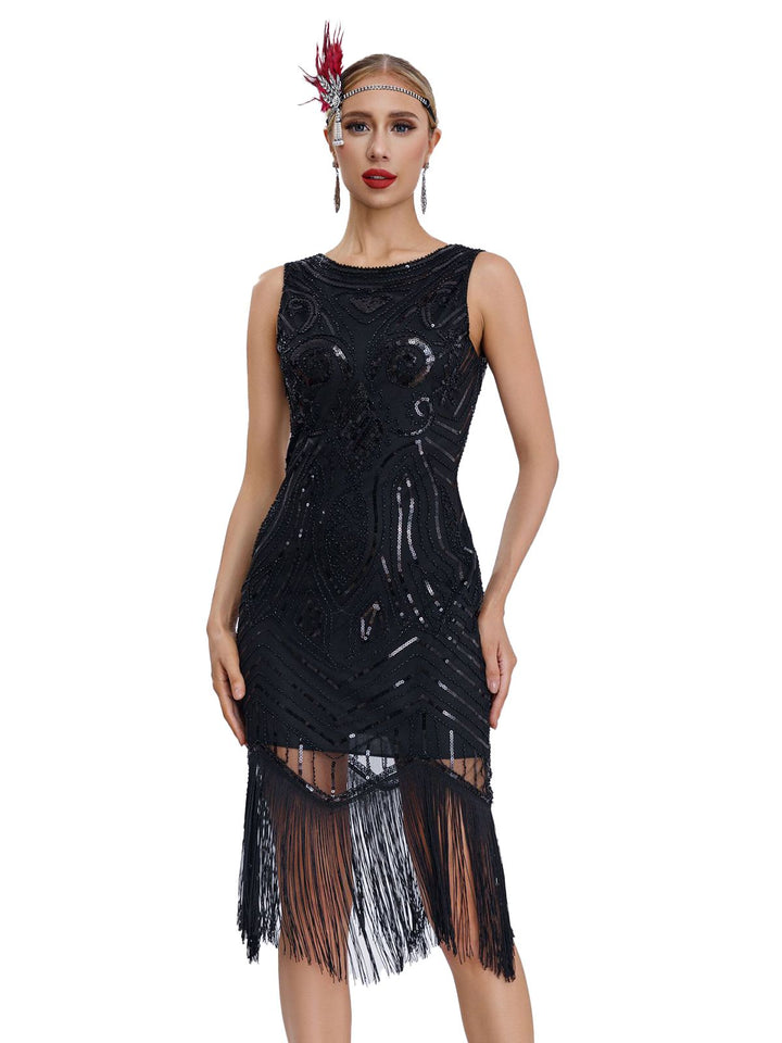 She slips into this 1920s Sequined Sleeveless Fringed Hem Dress and suddenly it&