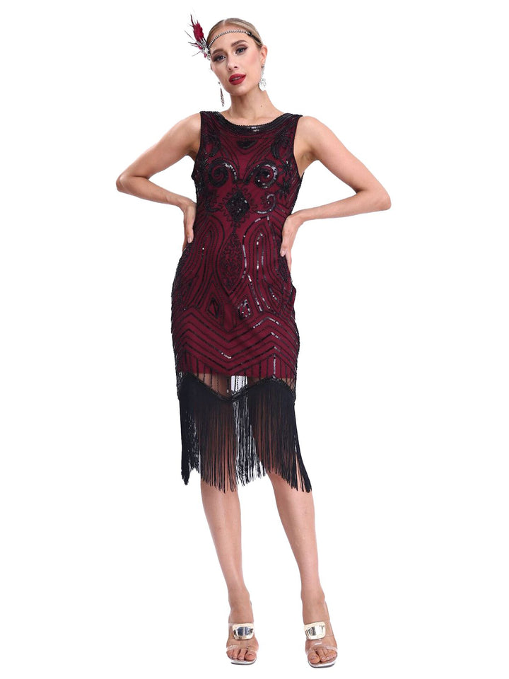 She slips into this 1920s Sequined Sleeveless Fringed Hem Dress and suddenly it&