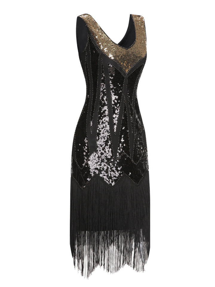 View 6: 1920s 1920s Sequined Tassel V-Neck Dress, perfect for retro themed parties, vintage fashion enthusiasts and special occasions