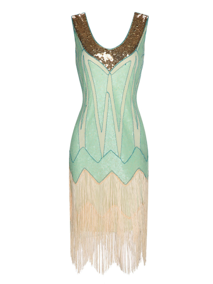 Front view: 1920s 1920s Sequined Tassel V-Neck Dress, perfect for retro themed parties, vintage fashion enthusiasts and special occasions