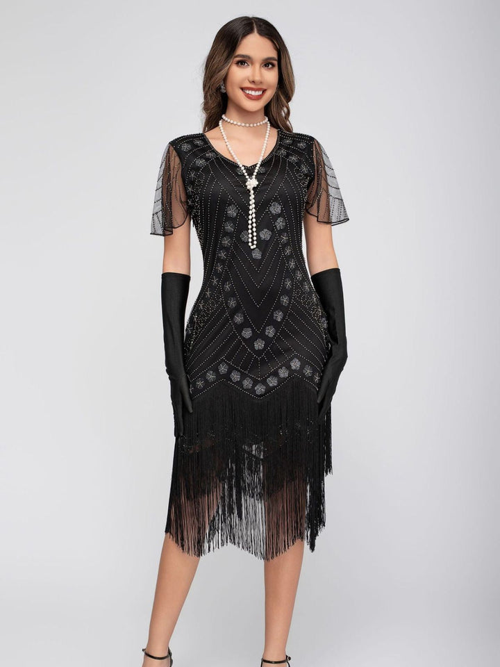 1920s Sequins Tassel Beading Cap Sleeve Dress - vintage dress, retro fashion, Gatsby party