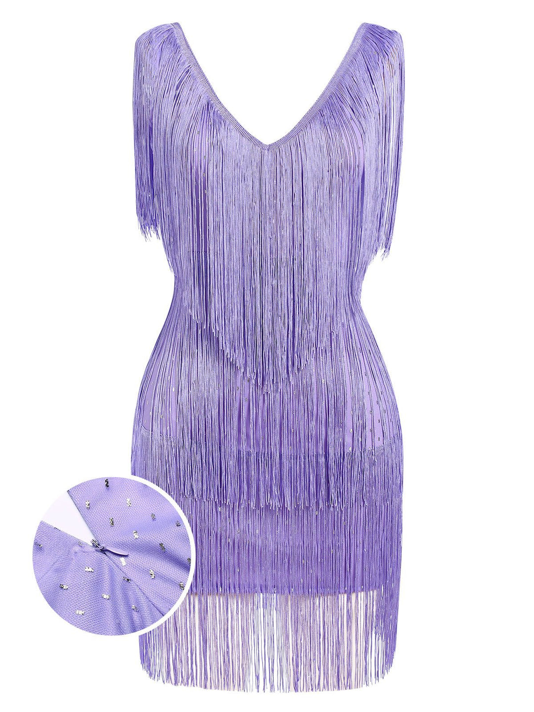 She slips into this 1920s V-Neck Fringe Solid Sleeveless Dress and suddenly it&