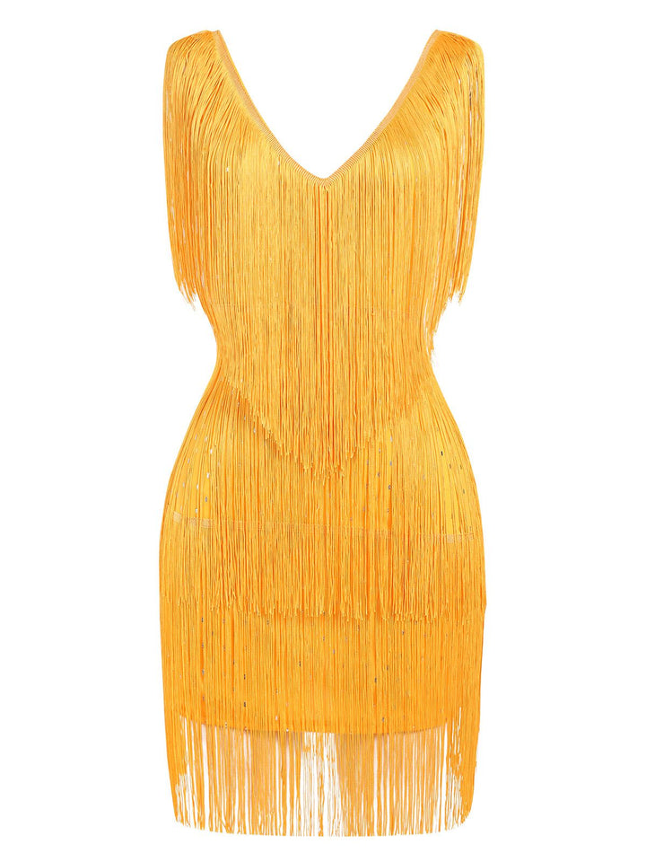 1920s V-Neck Fringe Solid Sleeveless Dress: where 1920s romance meets her modern spirit