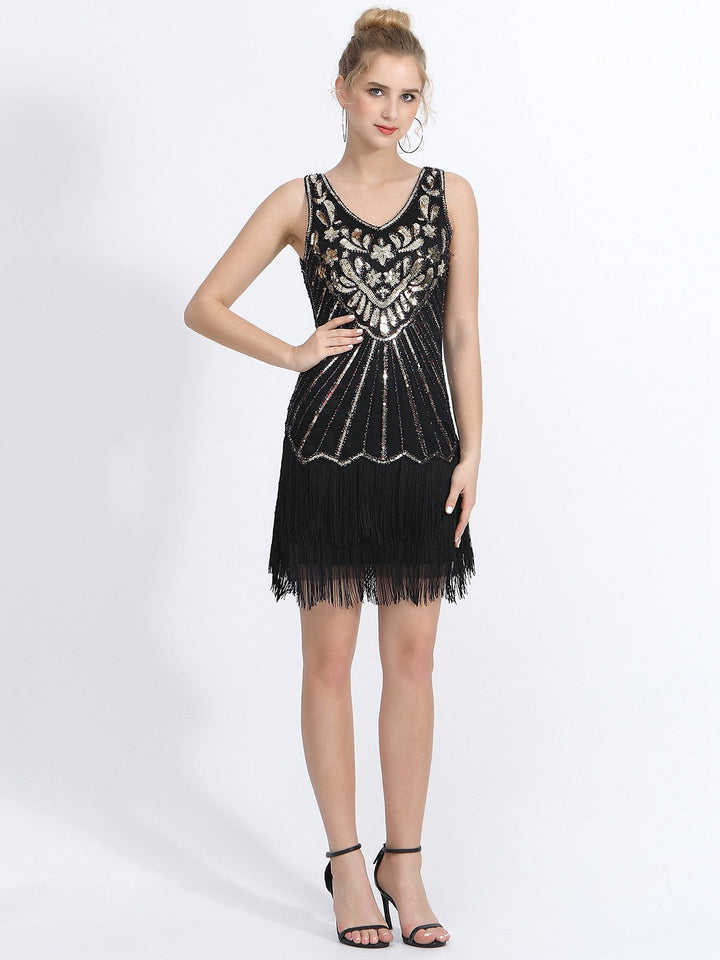 She slips into this 1920s V-Neck Plants Tassel Sequined Dress and suddenly it&