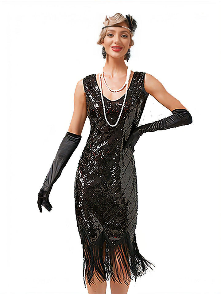 She slips into this 1920s V-Neck Sequined Fringe Evening Dress and suddenly it&