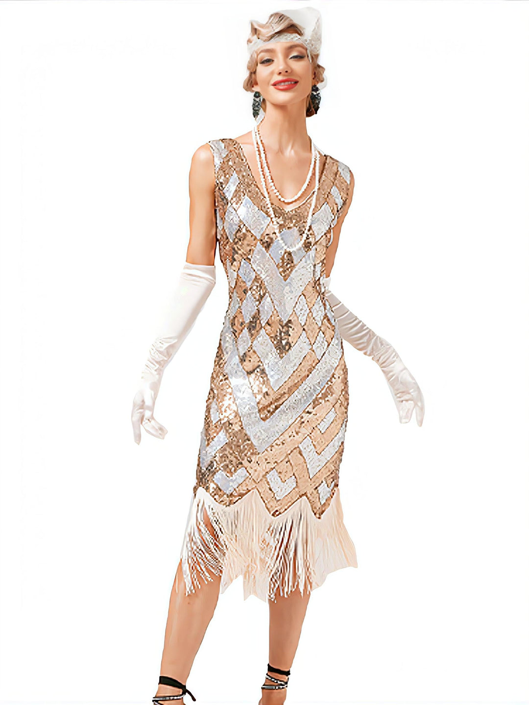 1920s V-Neck Sequined Fringe Evening Dress — the kind of 1920s dress that makes strangers smile