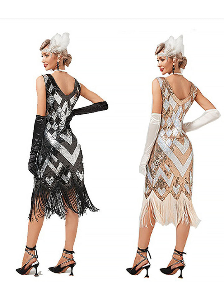 She slips into this 1920s V-Neck Sequined Fringe Evening Dress and suddenly it&