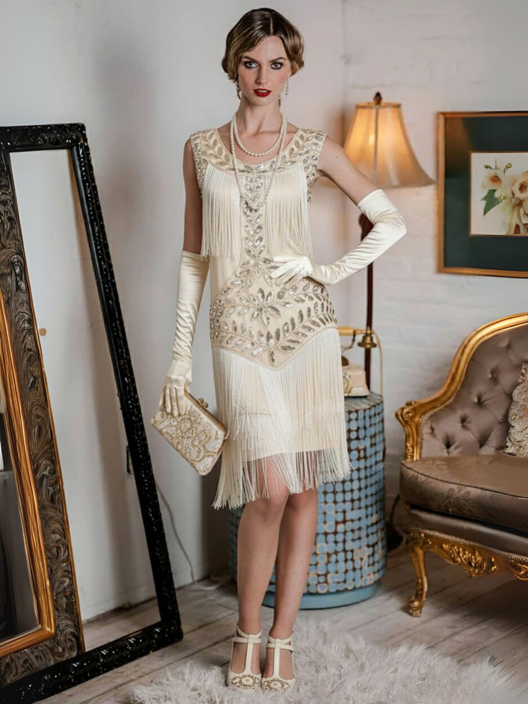 She slips into this 1920s V-Neck Sequined Mesh Mermaid Dress and suddenly it&