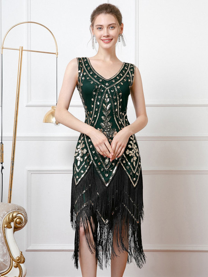 She slips into this 1920s V-Neck Sequined Tassel Flapper Sleeveless Dress and suddenly it&