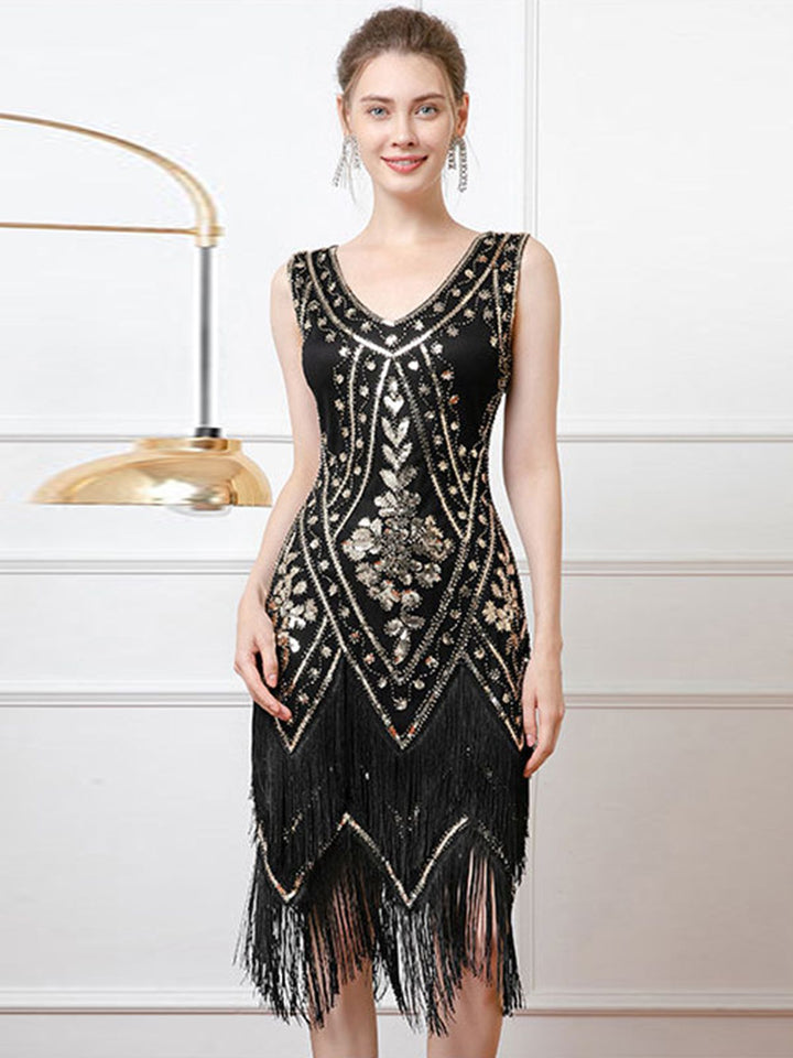 She slips into this 1920s V-Neck Sequined Tassel Flapper Sleeveless Dress and suddenly it&