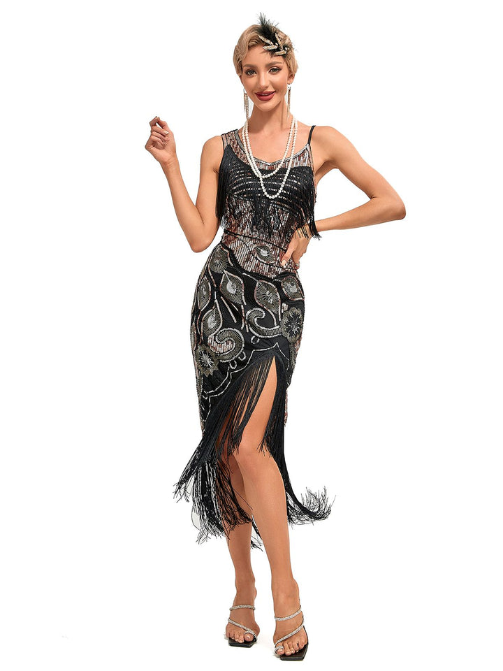 She slips into this 1920s Vintage Fringe Sequined Midi Party Dress and suddenly it&