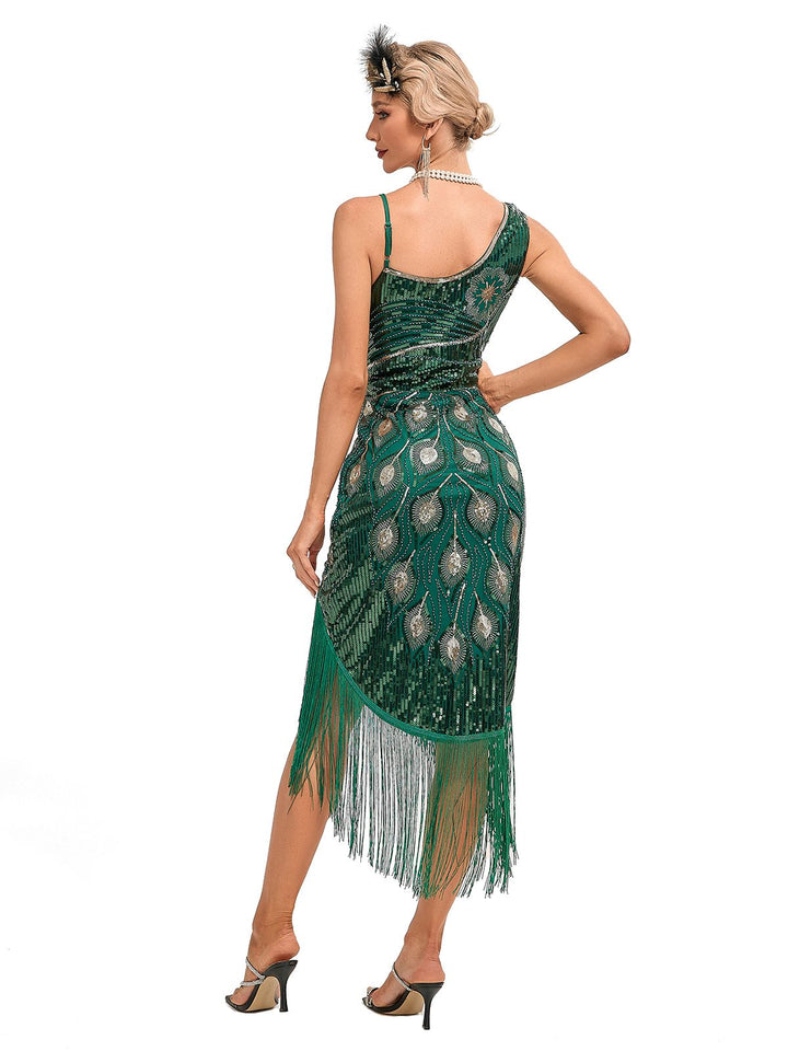 She slips into this 1920s Vintage Fringe Sequined Midi Party Dress and suddenly it&