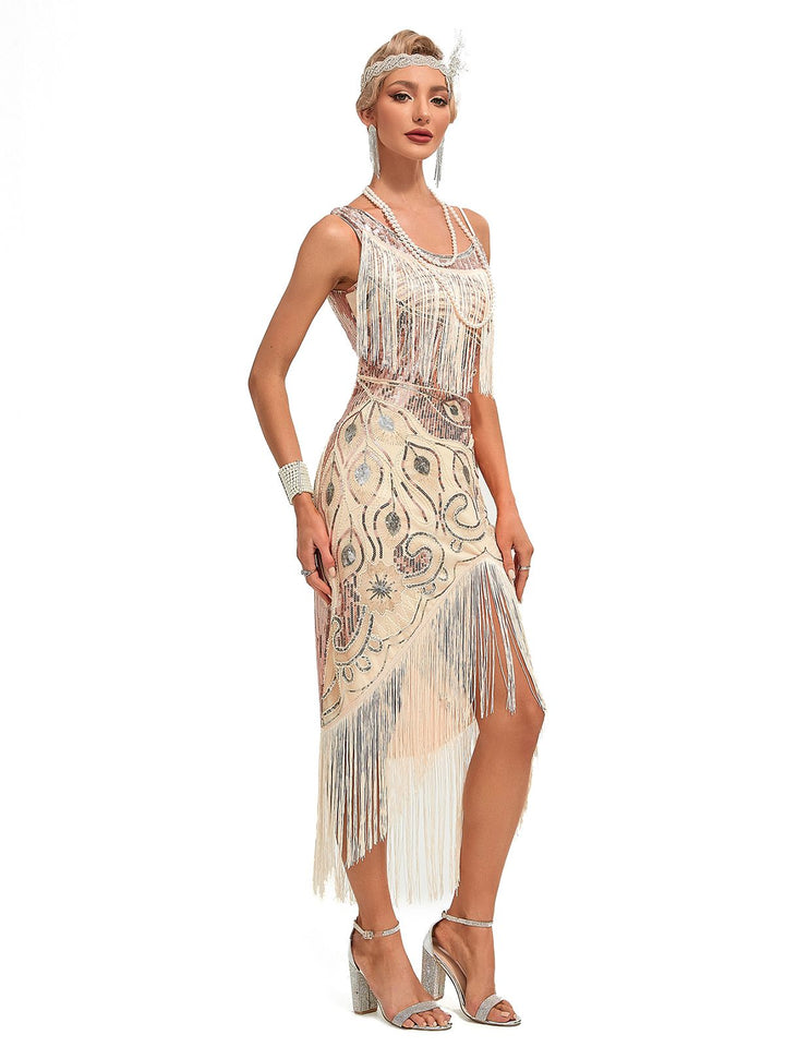 This 1920s Vintage Fringe Sequined Midi Party Dress wraps her in 1920s elegance, one twirl at a time
