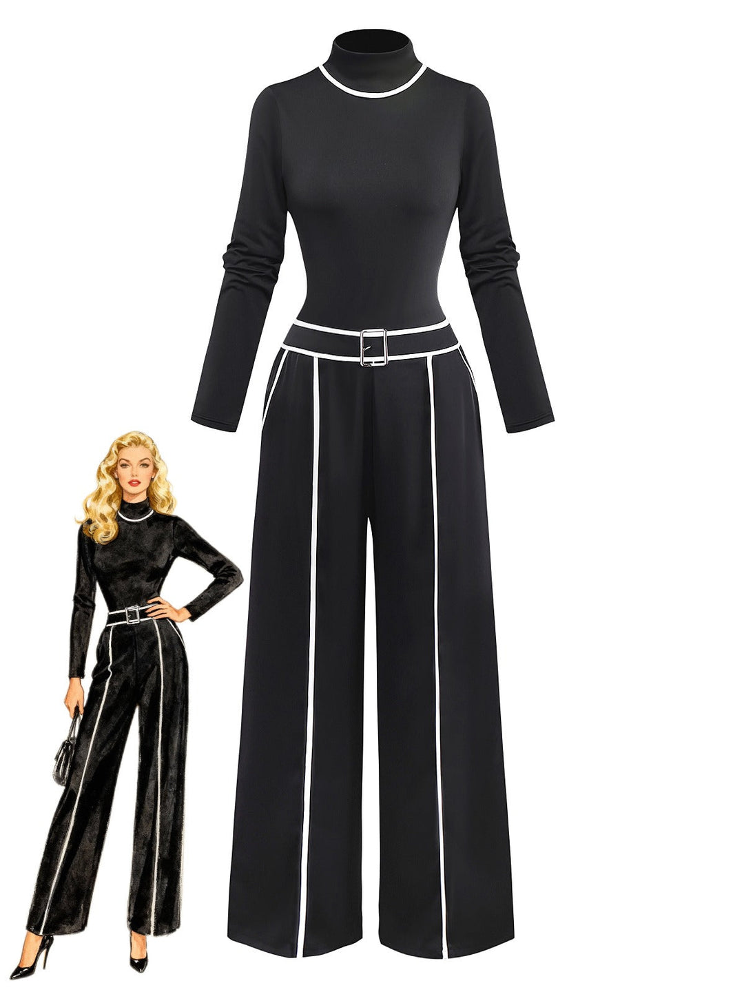 2PCS Black 1930s Binding Stand Collar Knitted Top &amp; Wide-Leg Pants - vintage fashion, style, classic black