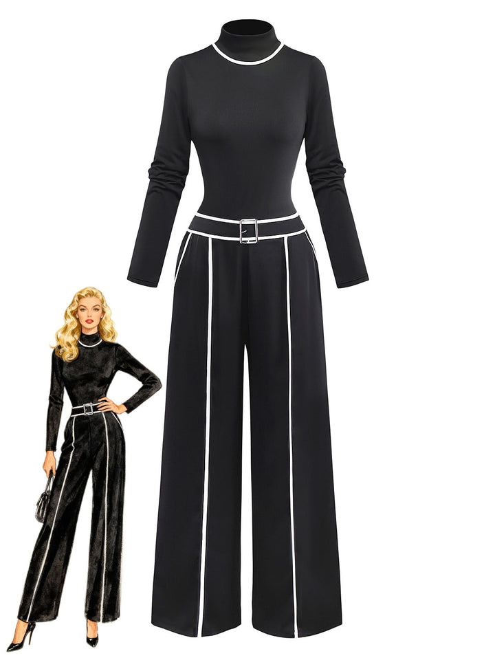 2PCS Black 1930s Binding Stand Collar Knitted Top &amp; Wide-Leg Pants - vintage fashion, style, classic black