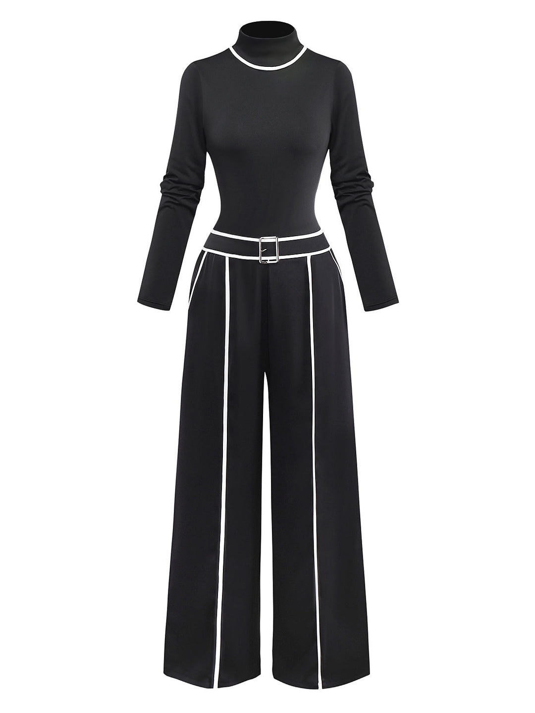 2PCS Black 1930s Binding Stand Collar Knitted Top &amp; Wide-Leg Pants - vintage fashion, style, classic black